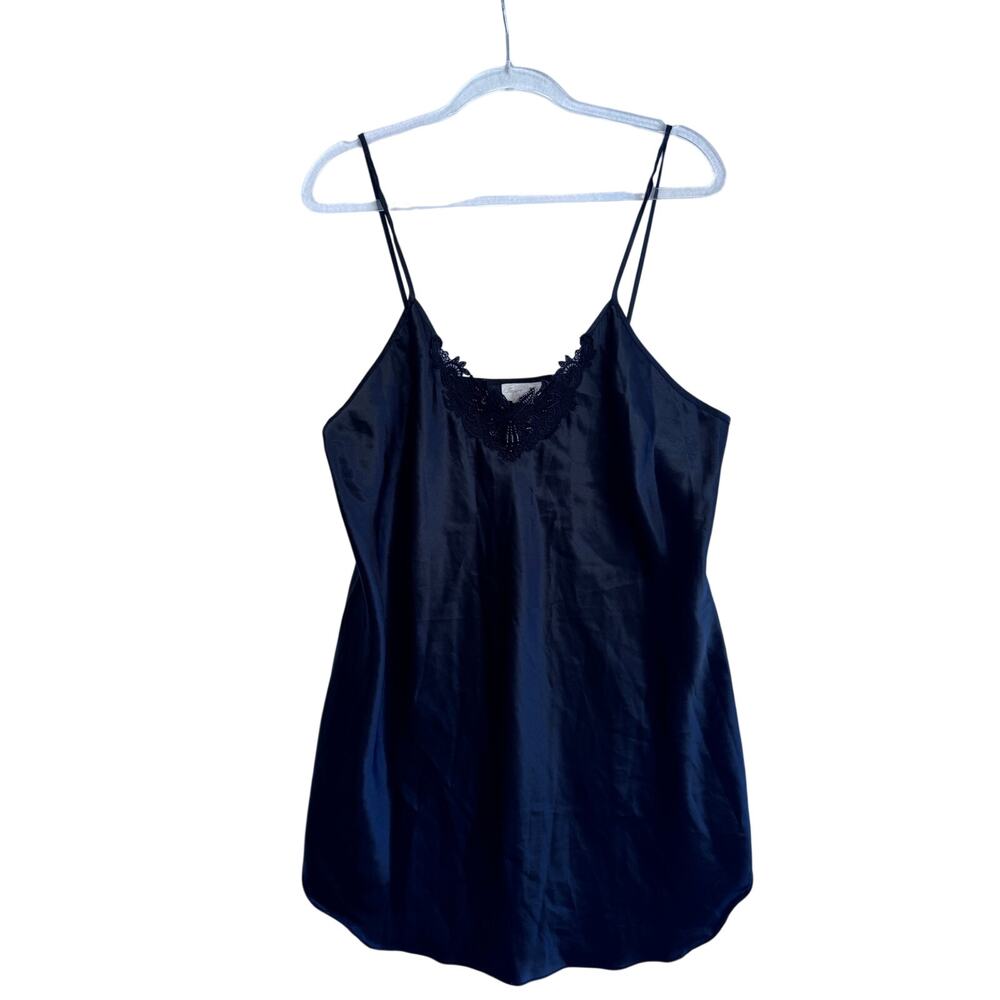 Vintage Inner Most Black Satin Chemise Floral Lace Trim Slip Nightgown L Cami